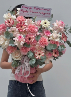 Giỏ Hoa Tone Mĩx tone hồng pastel