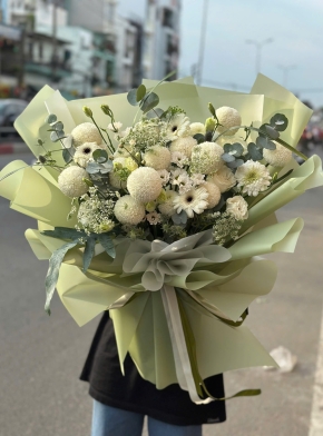 Bó Hoa Cúc Pingpong Dễ Thương Mix Đồng Tiền Trắng Siêu Xinh